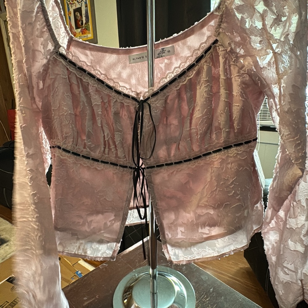 Altar'd State Pink Sheer Tie Front Blouse